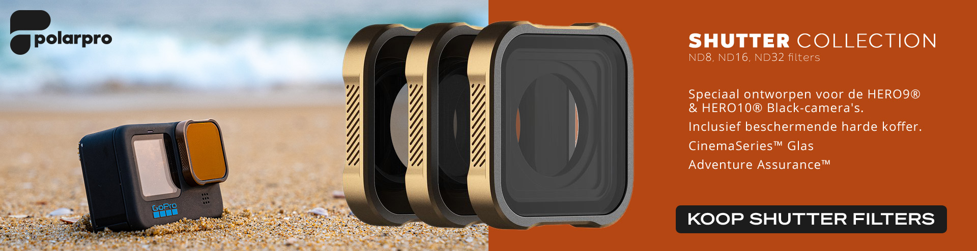 Geef je actievolle HERO®10/9 Black-beelden een filmische look. ND8-, ND16- en ND32-filters.