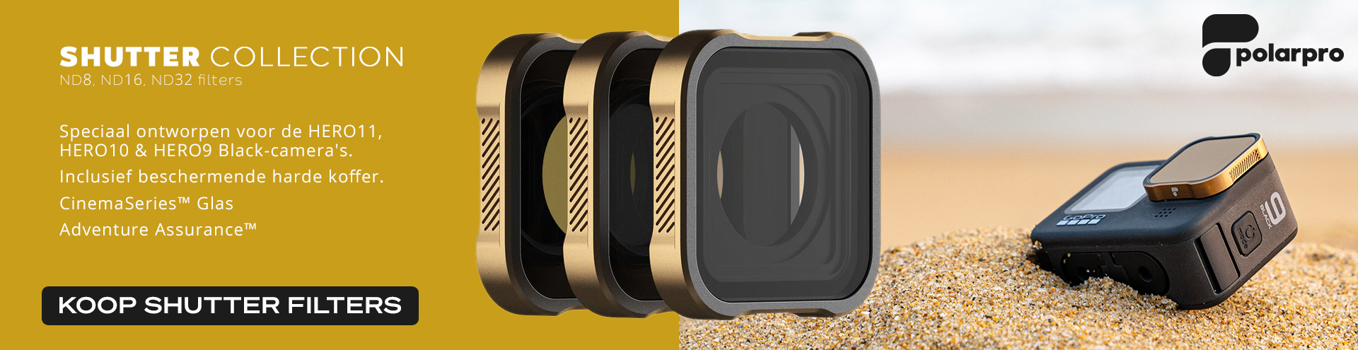 Geef je actievolle HERO11/10/9 Black-beelden een filmische look. ND8-, ND16- en ND32-filters.